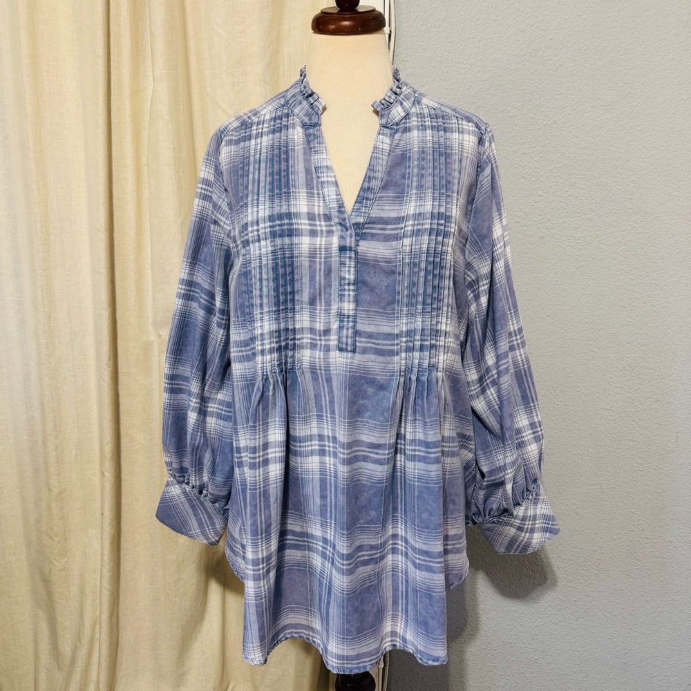 Caffe Marrakesh Peasant Tunic Long Sleeve Top Smocked Boho Womens 1X‎ Blue Plaid